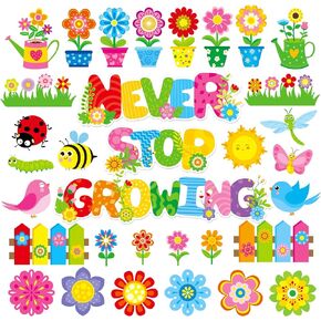 126 Pieces Spring Flowers Bulletin Board Classroom Decorations Floral Plants Bee Butterfly Flower Pot Paper Cutouts Spring Tea Party Wall Decor for School Office Home DIY Craft Kits Supplies