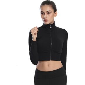 Women's Sexy Fitness Crop Top Jacket Sports Gym Workout Running Jacket Zip Up Long Sleeve Athletic Yoga Shirt