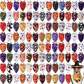 Kigeli 100 Pack Halloween Dog Bandanas Bulk Pumpkin Dog Bandanas for Dogs Triangle Scarf Dog Bibs for Small Medium Large Dog Cat Christmas Costume Decoration Accessories (25.6 x 17.7 x 17.7 Inch)
