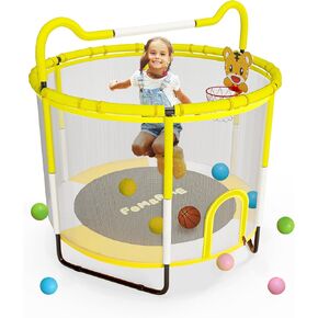 55" Trampoline for Kids, 4.5FT Indoor Outdoor Trampoline with Enclosure Net, Mini Baby Toddler Trampoline with Basketball Hoop, Birthday Gifts for Children.Age 1-8
