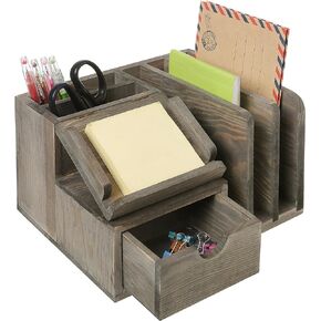 MyGift Ash Gray Wood Desktop Organizer with Drawer, Mail Sorter, Sticky Note Pad Holder, Wooden Desk Storage Caddy for Office/Home