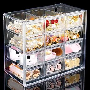 Desk Storage Organizer with 16 Mini Drawers, FODIENS Stackable Desktop Craft Drawer Cabinet, Clear Storage Box Caddy for Makeup Jewelry Office Craft Supplies