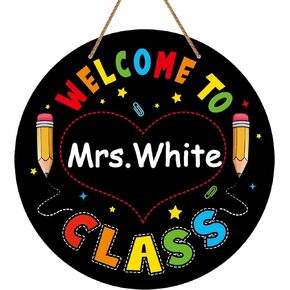 WaaHome Welcome Sign for Classroom Door Decorations 9"x12" Personalized Teacher Door Sign Hanger for Classroom, Welcome to Our Class Teacher Name Sign for Classroom Decorations Teacher Supplies