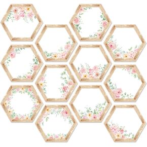 AnyDesign Floral Name Tag Stickers 4.9 in Pink Flower Hexagons Nameplate Stickers 12 Design Wood Greenery Spring Classroom Bulletin Board Decoration Label Decals for Office School Desk Wall, 60Pcs