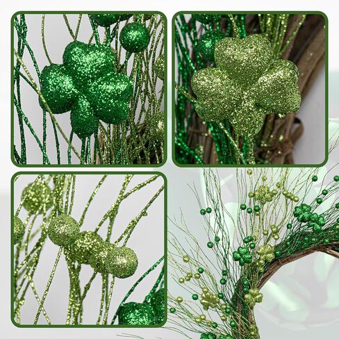 J'FLORU إكليل عيد القديس باتريك 22 بوصة أكاليل البرسيم للباب الأمامي إكليل شامروك أخضر للاحتفال بيوم القديس باتريك in Kuwait