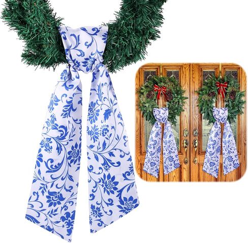 2 Pcs Wreath Sash for Front Door Wreath Sash Wreath Accessories for Embroidery Monogram Outdoor Indoor Party Yard Doorway 4.5" W x 56" L(Blue,Chinoiserie) in Saudi Arabia