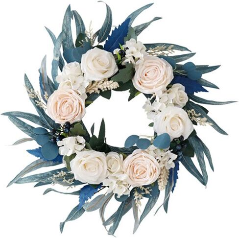 IUIBMI Spring Wreath with Malachite Blue Leaves and Silk Roses Flowers, Artificial Door Wreaths Swag for Front Door, Artificial Flower Wreath for Lintel Wall Window Wedding Arch Party Home Decor in Saudi Arabia