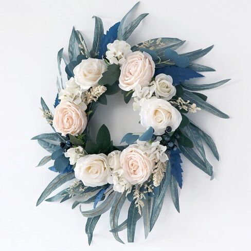 IUIBMI Spring Wreath with Malachite Blue Leaves and Silk Roses Flowers, Artificial Door Wreaths Swag for Front Door, Artificial Flower Wreath for Lintel Wall Window Wedding Arch Party Home Decor in Saudi Arabia