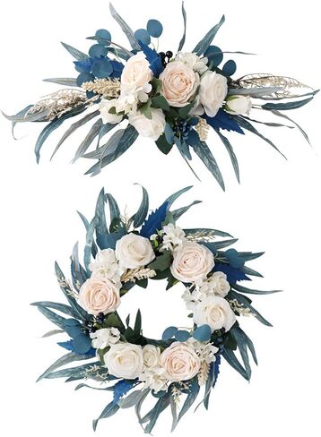 IUIBMI Spring Wreath with Malachite Blue Leaves and Silk Roses Flowers, Artificial Door Wreaths Swag for Front Door, Artificial Flower Wreath for Lintel Wall Window Wedding Arch Party Home Decor in Saudi Arabia