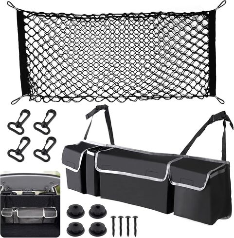 14Pcs Car Storage Accessories Includes Adjustable Elastic Mesh Cargo Nets, Hooks, Screws and Collapsible Trunk Organizer with Compartments for Universal Vehicle in Saudi Arabia