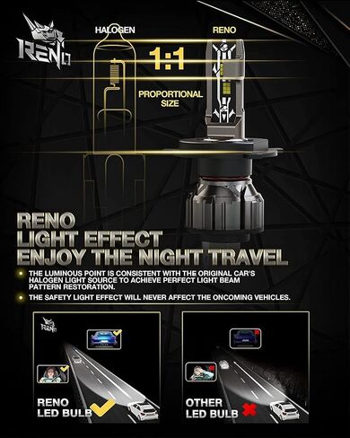 مصابيح الإضاءة RENO H4 9003، H4 9003 Bulb12000LM 6500K لمبة إضاءة HB2 بيضاء مطورة، 1:1 استبدال الهالوجين بأضواء التوصيل والتشغيل صغيرة الحجم، حزمة من 2 in Kuwait