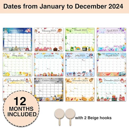 Desk Calendar 2024 Wall Calendar 12 Monthly Planner, 8x10 Inches Family Small Desk Calendar from January to December with Beige hook, 2024 Doodle Hanging Calendar - A03 in Kuwait