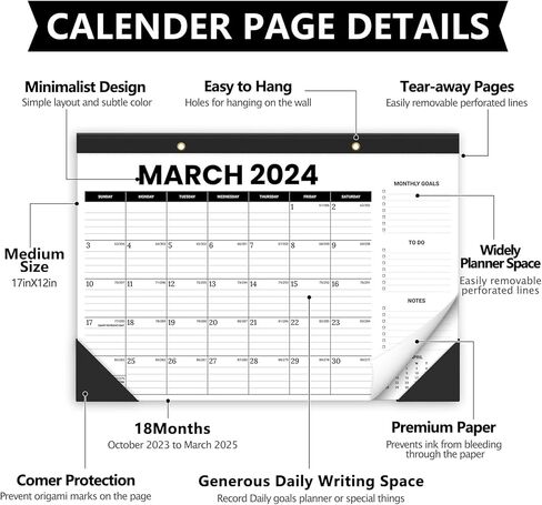 تقويم مكتب Jyusmile 2024، 17 بوصة × 12 بوصة تقويم سطح المكتب كبير 2024-2025، 18 تقويم مكتب/جدار شهري، مخطط التقويمات ومنظم مع PVC، تقويم وسادة مكتب قابل للتمزيق للمنزل أو المدرسة أو المكتب in Kuwait
