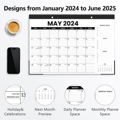 تقويم مكتب Jyusmile 2024، 17 بوصة × 12 بوصة تقويم سطح المكتب كبير 2024-2025، 18 تقويم مكتب/جدار شهري، مخطط التقويمات ومنظم مع PVC، تقويم وسادة مكتب قابل للتمزيق للمنزل أو المدرسة أو المكتب in Kuwait