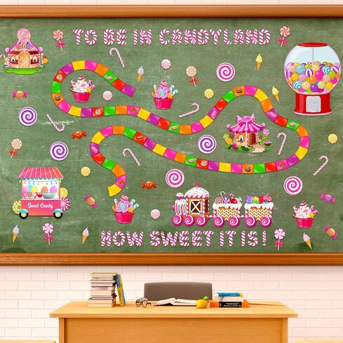 مجموعة ديكور لوحة نشرة الآيس كريم من Outus Candyland تزيين الفصول الدراسية قطع آيس كريم كاندي لاند مع نقاط غراء للحلوى وحفلات أعياد الميلاد والفصول المدرسية ومستلزمات مكتب المدرسة وديكور الهالوين (كاندي لاند) in Kuwait