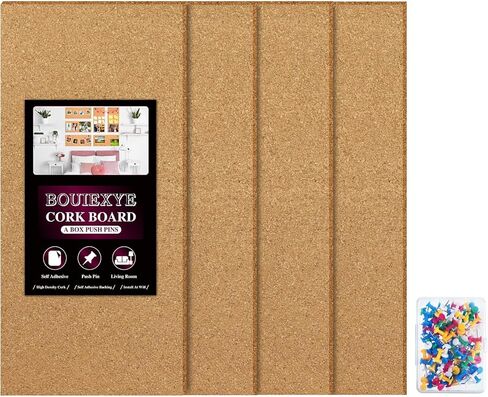 Cork Board 4 Pack Bulletin Boards 12"x12" - 1/4" Self Adhesive Corkboards for Wall School Home Office with 100 Push Pins in Kuwait