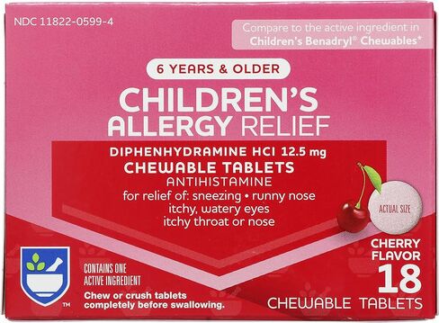 Rite Aid Children's Diphenhydramine 12.5mg Allergy Relief, Cherry - 18 Chewable Tablets, Indoor and Outdoor Allergy Symptom Reliever in Kuwait