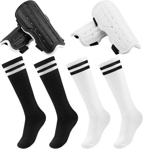 2 Pairs Soccer Shin Guards & 2 Pairs Soccer Socks, Soccer Equipment, for Girls and Boys, Kids Calf Protection Gear(Black, White) in Saudi Arabia