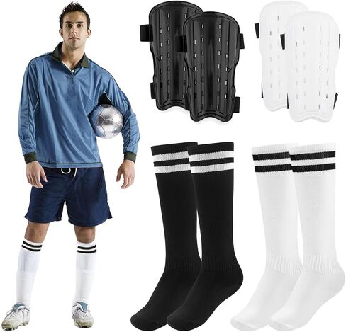 2 Pairs Soccer Shin Guards & 2 Pairs Soccer Socks, Soccer Equipment, for Girls and Boys, Kids Calf Protection Gear(Black, White) in Saudi Arabia