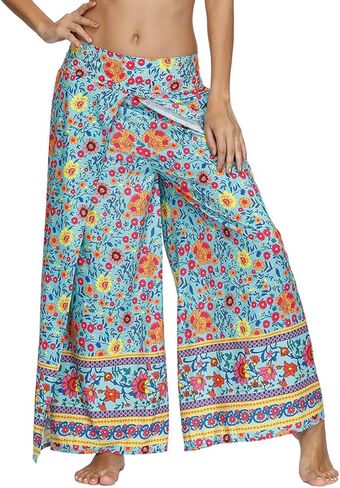YULUOSHA Women's Boho Hippie Split Pants with Wide Leg,Bohemian Loose Yoga Palazzo Pants Summer Casual Floral Trousers in Kuwait