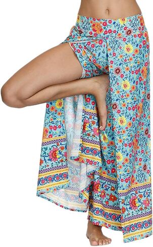 YULUOSHA Women's Boho Hippie Split Pants with Wide Leg,Bohemian Loose Yoga Palazzo Pants Summer Casual Floral Trousers in Kuwait