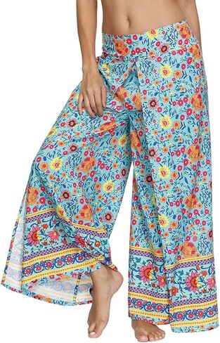 YULUOSHA Women's Boho Hippie Split Pants with Wide Leg,Bohemian Loose Yoga Palazzo Pants Summer Casual Floral Trousers in Kuwait