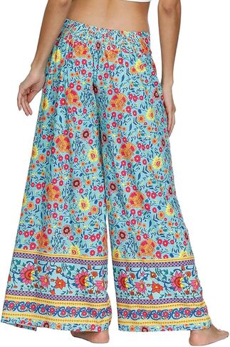 YULUOSHA Women's Boho Hippie Split Pants with Wide Leg,Bohemian Loose Yoga Palazzo Pants Summer Casual Floral Trousers in Kuwait