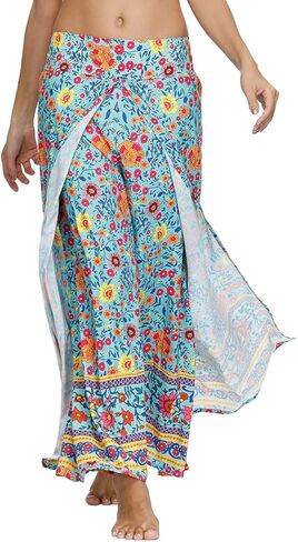 YULUOSHA Women's Boho Hippie Split Pants with Wide Leg,Bohemian Loose Yoga Palazzo Pants Summer Casual Floral Trousers in Kuwait