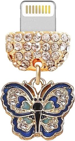 ELISE & FONDA CP572 USB Charging Port Crystal Anti Dust Plug Little Butterfly Phone Charm for iPhone 13/12/11/ XS MAX/XR/X/8 Plus/7/6S/8/SE iPad iPod (Blue) in Saudi Arabia