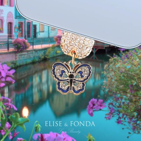 ELISE & FONDA CP572 USB Charging Port Crystal Anti Dust Plug Little Butterfly Phone Charm for iPhone 13/12/11/ XS MAX/XR/X/8 Plus/7/6S/8/SE iPad iPod (Blue) in Saudi Arabia