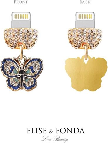ELISE & FONDA CP572 USB Charging Port Crystal Anti Dust Plug Little Butterfly Phone Charm for iPhone 13/12/11/ XS MAX/XR/X/8 Plus/7/6S/8/SE iPad iPod (Blue) in Saudi Arabia