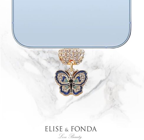 ELISE & FONDA CP572 USB Charging Port Crystal Anti Dust Plug Little Butterfly Phone Charm for iPhone 13/12/11/ XS MAX/XR/X/8 Plus/7/6S/8/SE iPad iPod (Blue) in Saudi Arabia