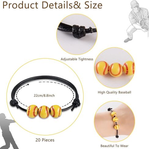 CANIPHA 20 Pcs Softball Bracelet Baseball Bracelet Softball Charm Bracelet Adjustable Inspirational Sport Ball Bracelets for Softball Party Favors Girl Boy Women Men Teens Sport Team Player Gift in Saudi Arabia