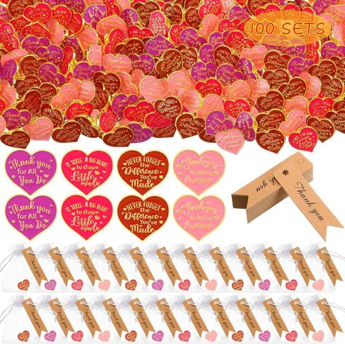 Barydat 100 Set Teacher Appreciation Week Gifts Pin Heart Shape Lapel Pins Nurse Brooch Pin with Thank You Cards Organza Bags for Coworker Employee Motivational Appreciation Pins Buttons(Red) in Saudi Arabia