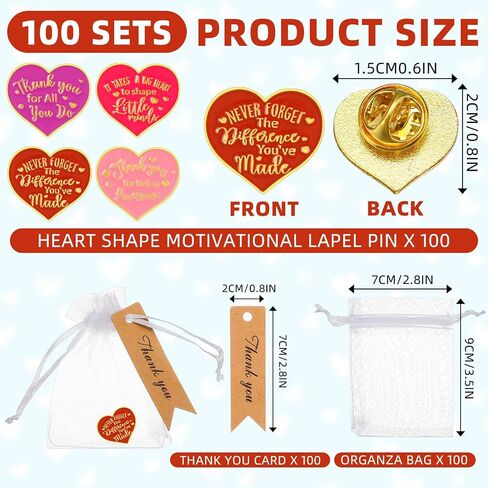 Barydat 100 Set Teacher Appreciation Week Gifts Pin Heart Shape Lapel Pins Nurse Brooch Pin with Thank You Cards Organza Bags for Coworker Employee Motivational Appreciation Pins Buttons(Red) in Saudi Arabia