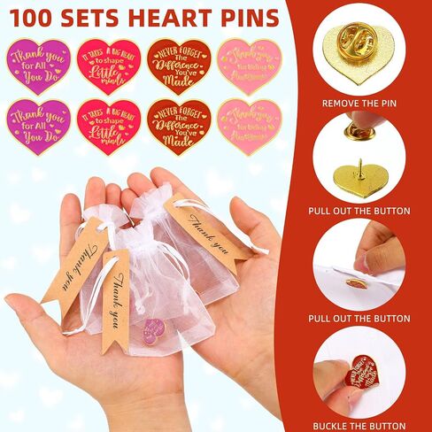 Barydat 100 Set Teacher Appreciation Week Gifts Pin Heart Shape Lapel Pins Nurse Brooch Pin with Thank You Cards Organza Bags for Coworker Employee Motivational Appreciation Pins Buttons(Red) in Saudi Arabia
