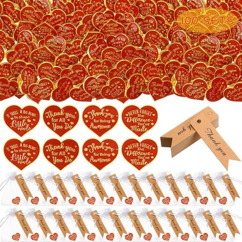 Barydat 100 Set Teacher Appreciation Week Gifts Pin Heart Shape Lapel Pins Nurse Brooch Pin with Thank You Cards Organza Bags for Coworker Employee Motivational Appreciation Pins Buttons(Red) in Saudi Arabia