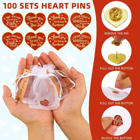 Barydat 100 Set Teacher Appreciation Week Gifts Pin Heart Shape Lapel Pins Nurse Brooch Pin with Thank You Cards Organza Bags for Coworker Employee Motivational Appreciation Pins Buttons(Red) in Saudi Arabia