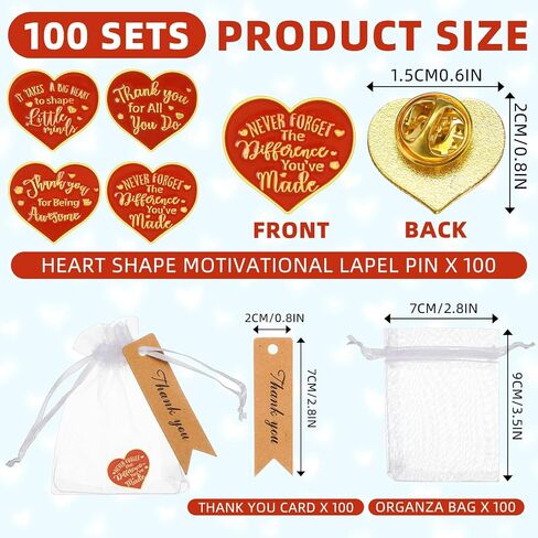 Barydat 100 Set Teacher Appreciation Week Gifts Pin Heart Shape Lapel Pins Nurse Brooch Pin with Thank You Cards Organza Bags for Coworker Employee Motivational Appreciation Pins Buttons(Red) in Saudi Arabia