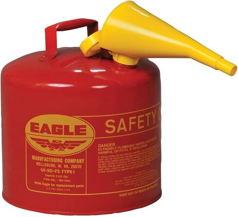 Eagle UI-50-FS Red Galvanized Steel Type I Gasoline Safety Can with Funnel, 5 gallon Capacity, 13.5" Height, 12.5" Diameter,Red/Yellow in Kuwait