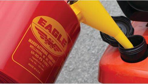 Eagle UI-50-FS Red Galvanized Steel Type I Gasoline Safety Can with Funnel, 5 gallon Capacity, 13.5" Height, 12.5" Diameter,Red/Yellow in Kuwait