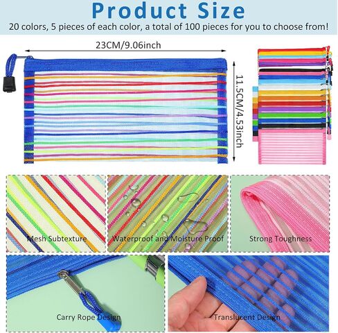 100 Pieces Mesh Zipper Pouch 20 Colors Zipper Pencil Pouch Colorful School Supplies Pencil Pouch Bag Travel Zipper Pouch for Office School Stationery Cosmetic Supplies (9.06 x 4.53 Inch) in Saudi Arabia