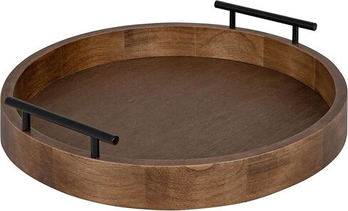 Kate and Laurel Lipton Modern Round Wood Tray, 15.5" Diameter, Rustic Brown with Black Handles, Decorative Accent Tray for Storage and Display in Saudi Arabia