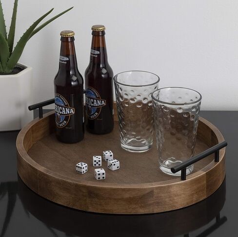 Kate and Laurel Lipton Modern Round Wood Tray, 15.5" Diameter, Rustic Brown with Black Handles, Decorative Accent Tray for Storage and Display in Saudi Arabia
