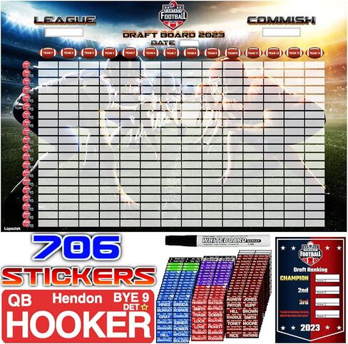 Fantasy Football Draft Board 2023-2024 Season, 706 Labels Include 626 Players, 6ft x 4ft Draft Board Kit for Up to 14 Teams, Larger Stickers and Names in Kuwait