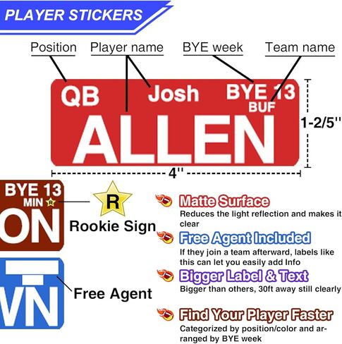Fantasy Football Draft Board 2023-2024 Season, 706 Labels Include 626 Players, 6ft x 4ft Draft Board Kit for Up to 14 Teams, Larger Stickers and Names in Kuwait