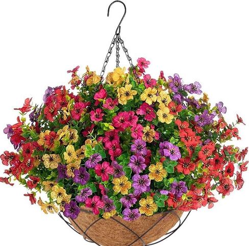 Artificial Hanging Flowers with Basket,Fake Daisy Flowers in 12 inch Coconut Lining Hanging Baskets for The Decoration of Courtyard, Indoors, and Outdoors(Purple) in Saudi Arabia