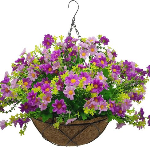 Artificial Hanging Flowers with Basket,Fake Daisy Flowers in 12 inch Coconut Lining Hanging Baskets for The Decoration of Courtyard, Indoors, and Outdoors(Purple) in Saudi Arabia