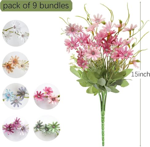 ZIFTY 9 قطع زهور برية صناعية زهور الربيع في الهواء الطلق باقة ديزي وهمية حزمة زهور مقاومة للأشعة فوق البنفسجية ديكور حريري ملون زهور برية نباتات صناعية بالجملة لتزيين ديكور المنزل in Kuwait