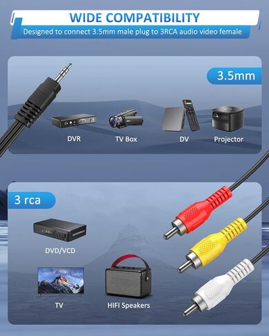 Onvian 3.5 ملم إلى 3 RCA ذكر التوصيل إلى RCA ستيريو الصوت والفيديو ذكر AUX كابل 5FT الحبل in Kuwait